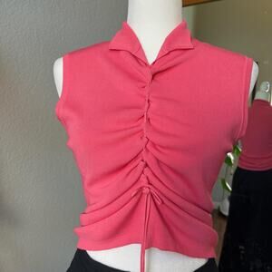 Y2K Pink Ruched Drawstring Top Collared Crop